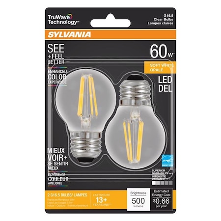 Sylvania Sylvania Truwave G16.5 E26 (Medium) LED Bulb Soft White 60 Watt Equivalence 2 pk 40850